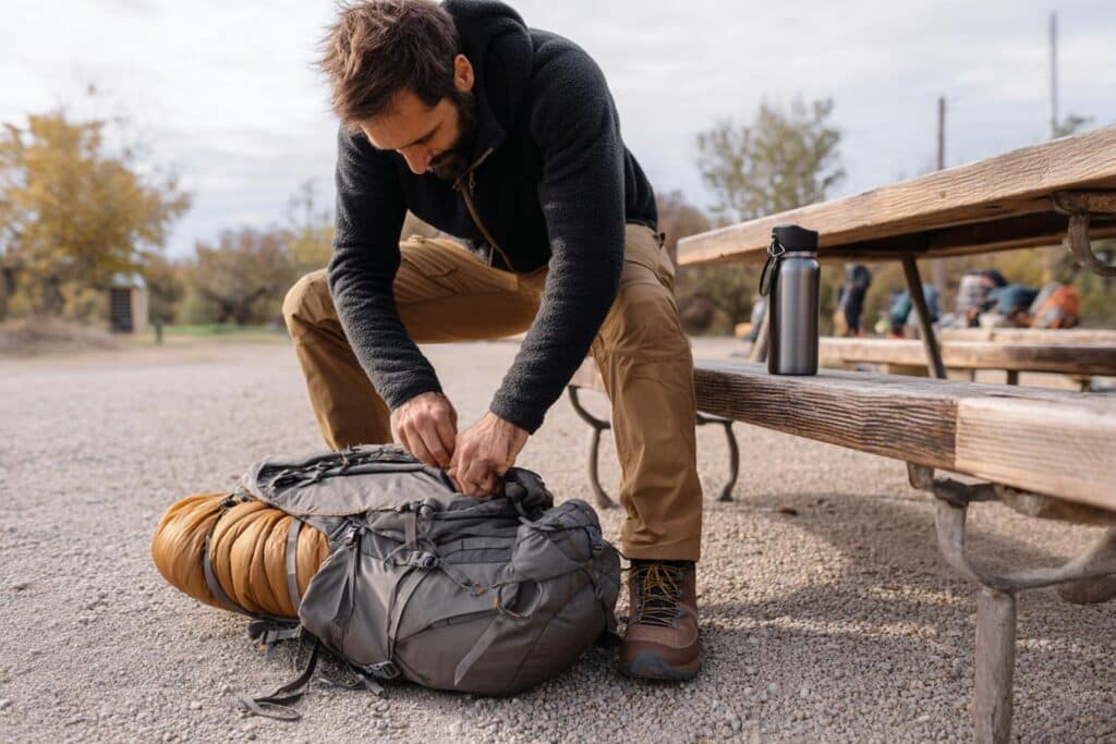 attacher sac couchage sac dos randonnee