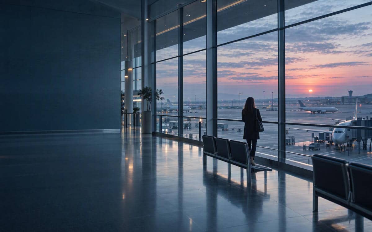 Voyageuse dans un aéroport face aux pistes avant son départ avec Voyaage