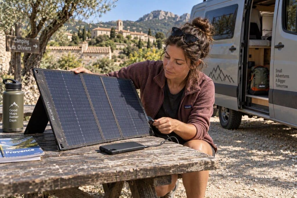 Un panneau solaire portable recharge un téléphone en voyage