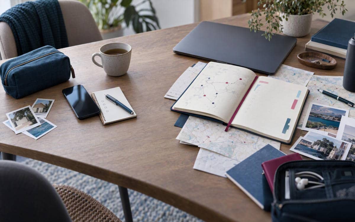 Préparation d’un voyaage avec carnet, téléphone et notes organisées
