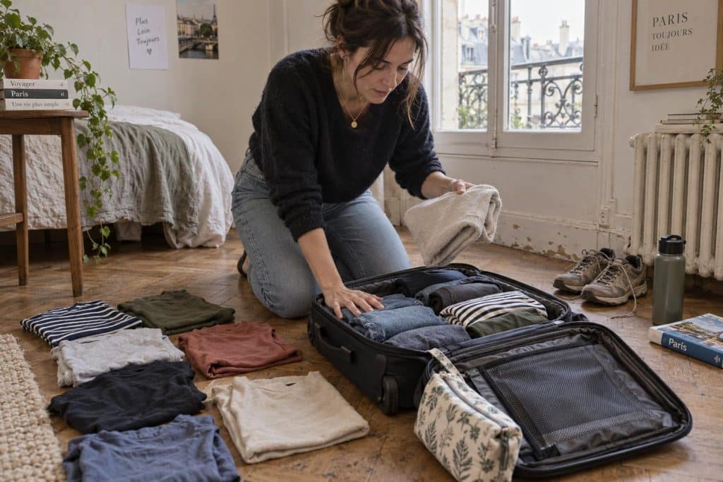 Un sac cabine ouvert avec des vêtements pliés pour sept jours