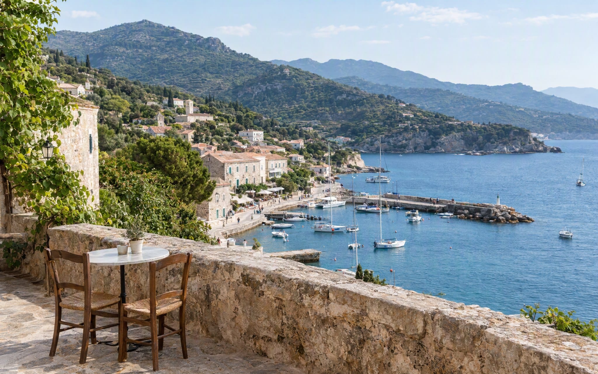 Une terrasse de village au-dessus d’un petit port et de la mer