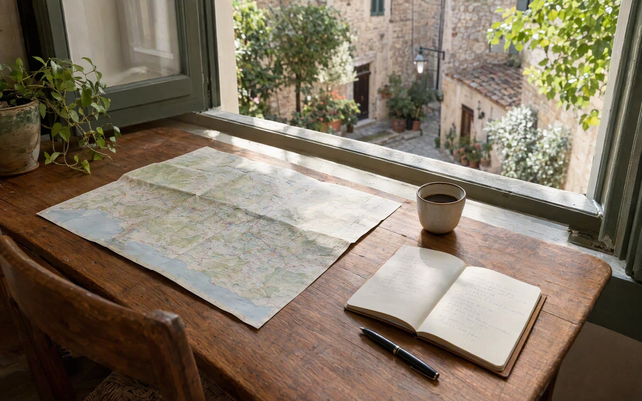Une carte et un carnet posés sur une table près d’une fenêtre ouverte